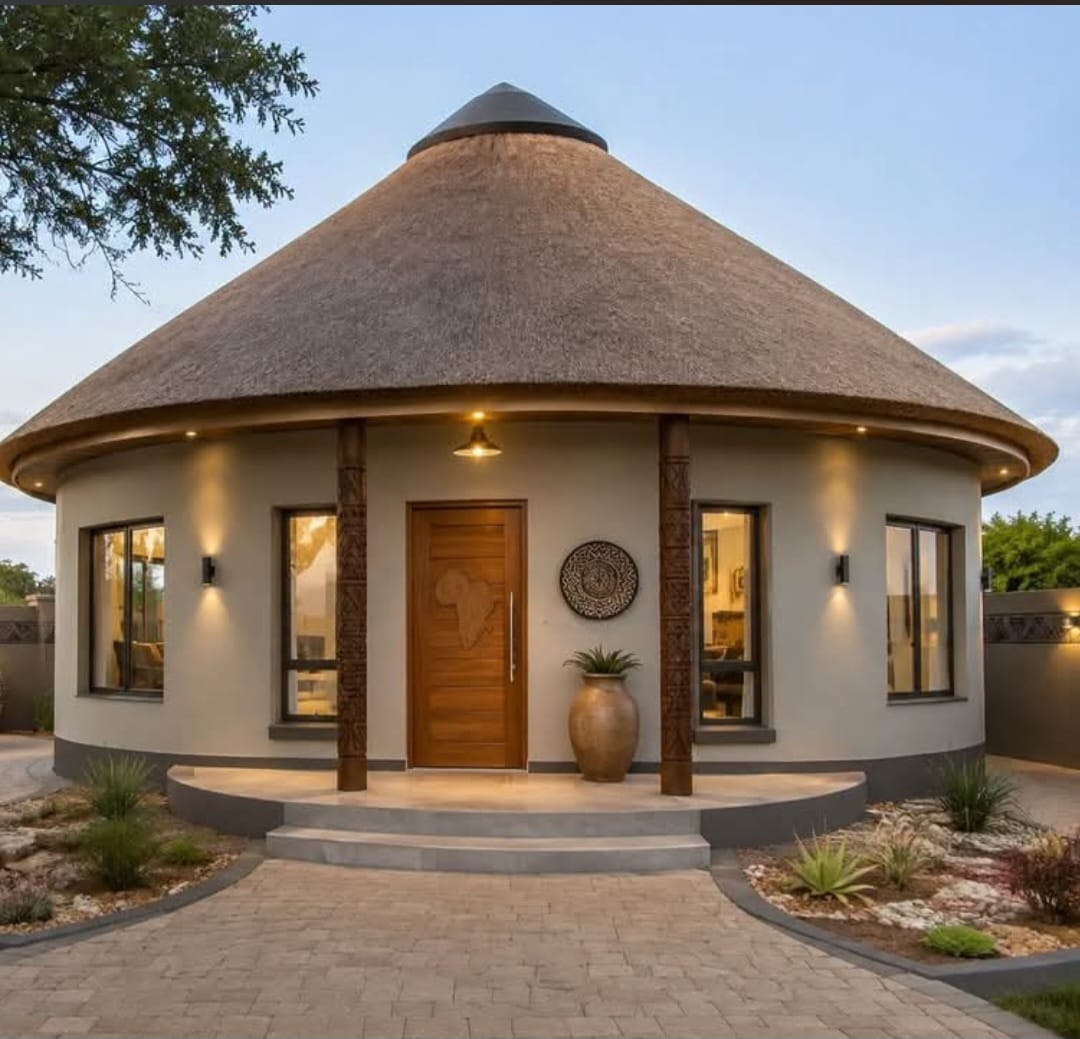Round guest cottage with a traditional thatched roof